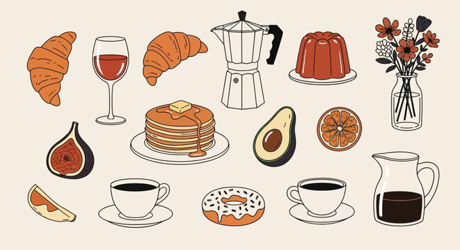 A delightful collection of breakfast and brunch items, including croissants, pancakes, coffee, and fruit, arranged artfully on a neutral background.