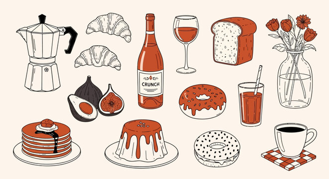 A charming collection of illustrated breakfast and dessert items, including coffee, pastries, fruit, and drinks.