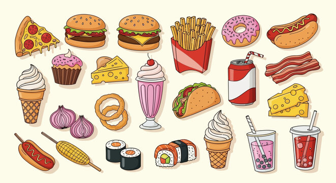 A collection of various cartoon-style fast food items and snacks, including burgers, pizza, fries, hot dogs, donuts, ice cream, and drinks, on a light background.