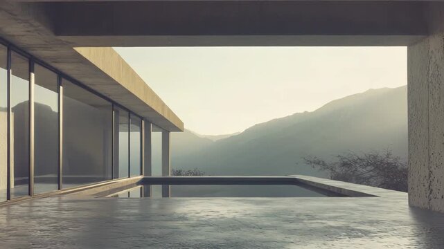 Modern concrete residence with minimalist lines, floor to ceiling glass, rooftop terrace and infinity pool overlooking a vast mountain range at dusk, serene luxury retreat