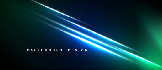 Dark background features vibrant blue, green light streaks. Modern design elements create dynamic visual effect. Minimalist text present.