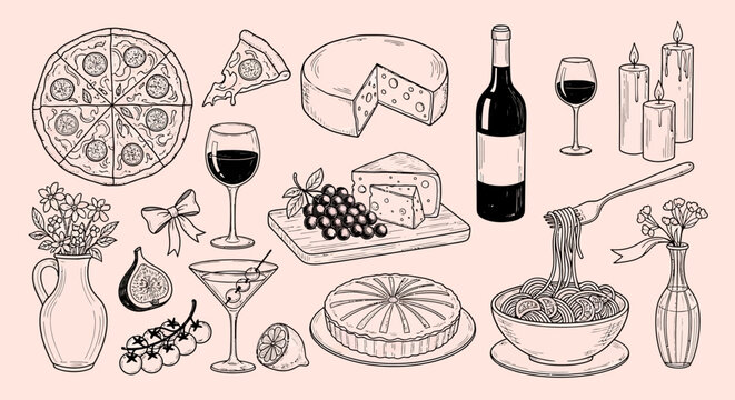 A charming hand-drawn illustration featuring a delightful assortment of food and drink items, perfect for culinary themes.