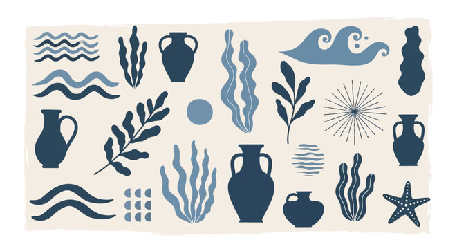 Abstract Mediterranean and coastal elements set with hand-drawn waves, seaweed, ancient vases, and starfish in a blue and beige palette.