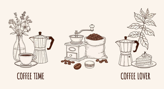 Hand-drawn sketch illustration of coffee time and coffee lover concepts with Moka pots, grinder, beans, and cake.