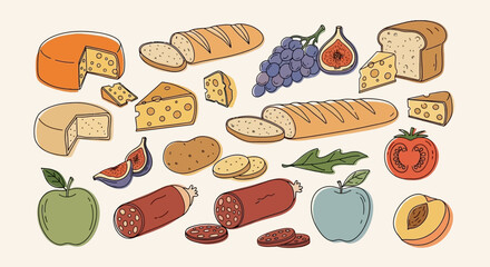 A vibrant collection of fresh food items including various cheeses, breads, fruits, vegetables, and cured meats, artfully arranged on a light background.