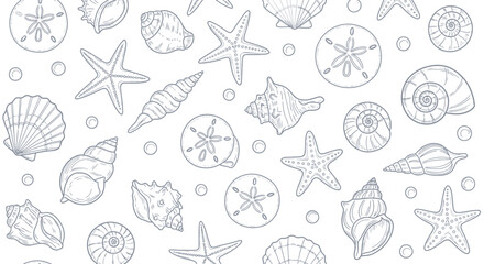 A detailed illustration of various seashells, starfish, and sand dollars scattered across a white background, presented in a charming, hand-drawn sketch style. © Jonan