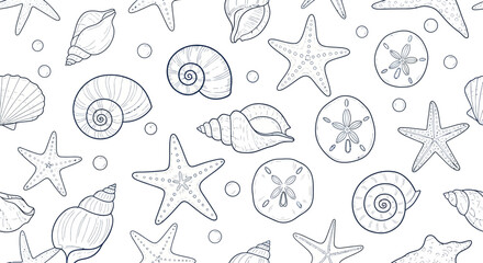 A seamless pattern featuring a variety of hand-drawn seashells, starfish, and sand dollars in a charming, minimalist line art style. © Jonan