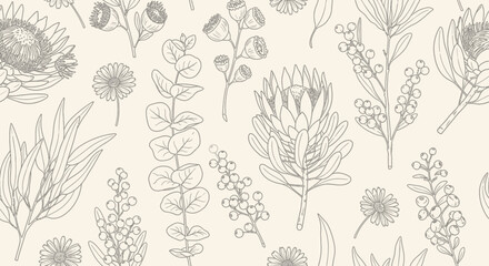 A delicate and intricate line drawing pattern featuring various Australian native flora, including proteas and eucalyptus branches, on a soft cream background. © Jonan