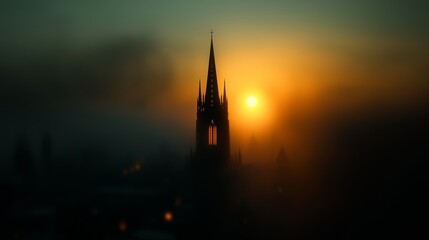 Naklejka premium Mystical Church Silhouette: A majestic church stands silhouetted against a breathtaking sunrise, its spire piercing through a veil of mist, evoking a sense of spirituality and tranquility.