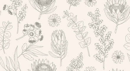 A delicate and intricate line drawing pattern featuring various Australian native flora, including proteas and eucalyptus branches, on a soft beige background. © Jonan