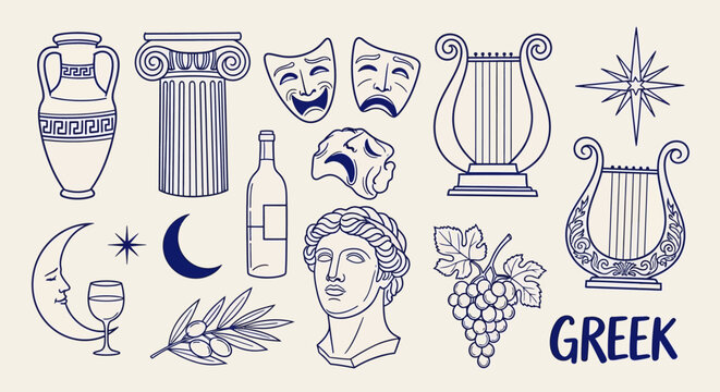 A collection of hand-drawn illustrations representing ancient Greek culture and mythology, including pottery, columns, masks, musical instruments, and celestial bodies.