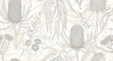 A delicate and intricate line drawing pattern featuring various Australian native flora, including Banksia flowers and eucalyptus leaves, on a soft, neutral background. © Jonan