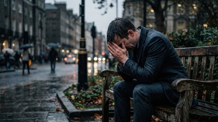 Distressed businessman crying with hands covering his face while sitting on a park bench in a rainy city street symbolizing despair and mental health struggle.