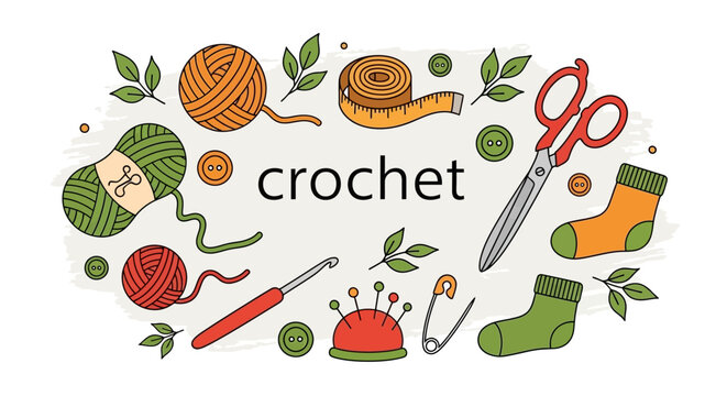 A collection of crafting supplies for crochet, including yarn, hooks, scissors, and socks, arranged around the word 'crochet'.