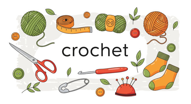 A collection of crochet crafting supplies including yarn balls, scissors, crochet hooks, measuring tape, and buttons, arranged around the word 'crochet'.