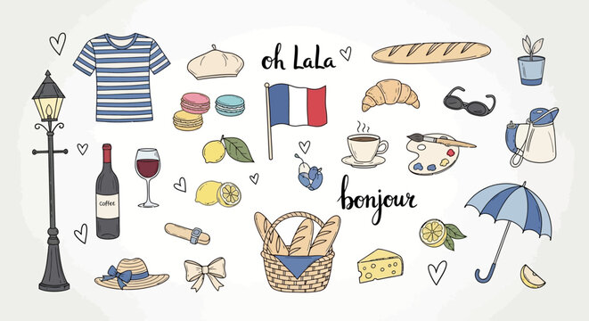 A charming collection of French-themed illustrations including iconic symbols like the Eiffel Tower, croissants, wine, and the French flag.