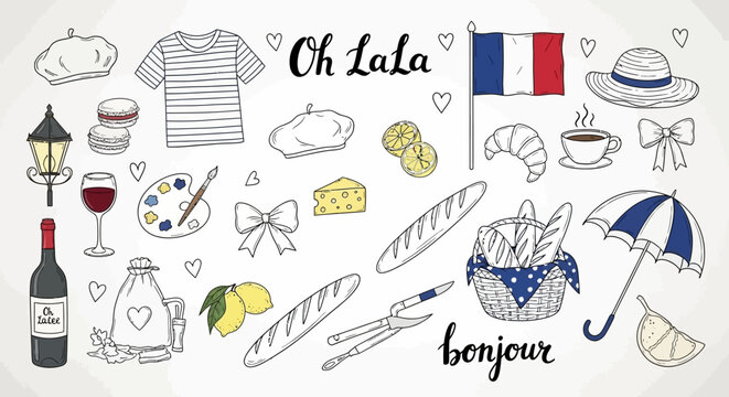 A charming collection of hand-drawn French-themed illustrations, featuring iconic symbols like the Eiffel Tower, croissants, berets, and the French flag.