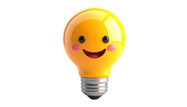 A cheerful, cartoon-style lightbulb with a smiling face and blushing cheeks