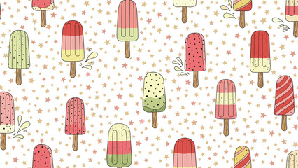 Fun and vibrant seamless pattern featuring various colorful fruit popsicles and small stars on a light background for summer themes.
