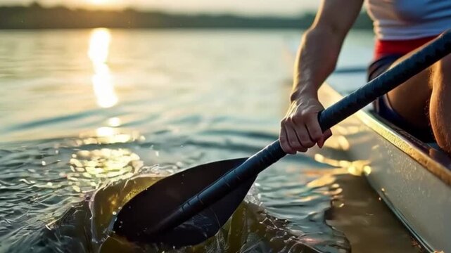 Рrocess of paddling during sunset on a calm lake