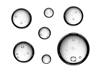 Fototapeta premium ultra high definition photorealistic macro shot of several perfect, glossy, crystal clear liquid droplets showing intricate refractions against a seamless transparent studio background concept of