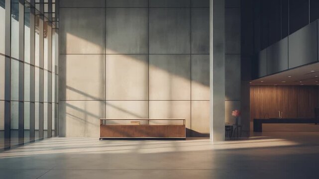 Elegant architectonic hall featuring concrete walls and large windows, a sleek wooden reception desk, creating a spacious and bright foyer with striking light and shadow patterns