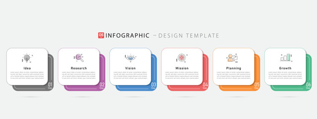 Business infographic template. 6 Step timeline journey. Process diagram, 6 options on white background, Infograph elements, technology, education, modern vector illustration.