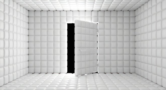 Padded cell with an open door symbolizing freedom and mental escape from confinement offering