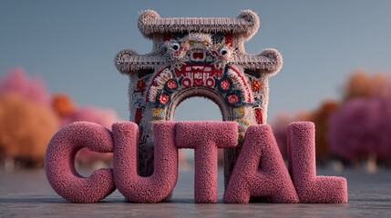 3D render of a futuristic office building shaped like a giant blooming flower, solar panel petals, soft teal sky, expansive copy space on the right