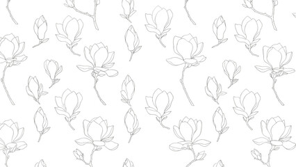 Simple and elegant seamless pattern featuring black and white outlines of magnolia flowers and buds in bloom.