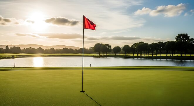 A serene golf course scene at sunset with a flagstick