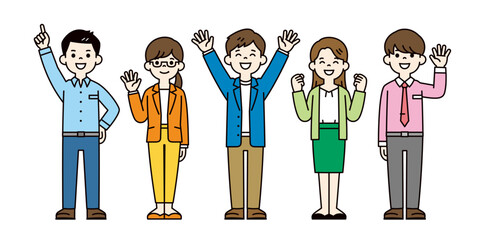 オフィス・企業で働く、複数の若い笑顔のビジネスパーソンの全身ベクターイラスト素材セット