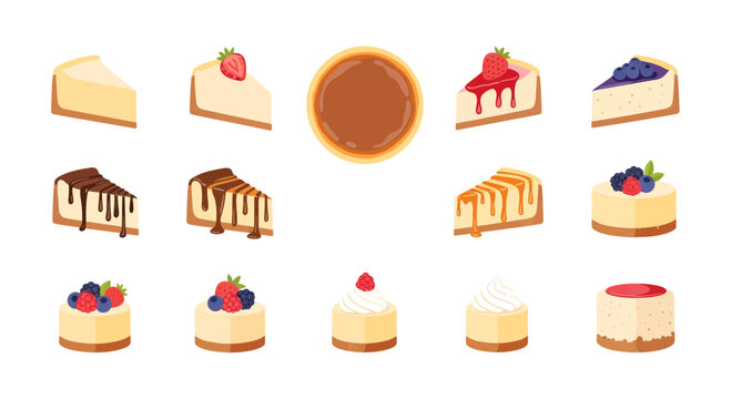 Set of Isolated Cheesecake Slices and Mini Cakes with Various Toppings and Berries Flat Vector Illustration