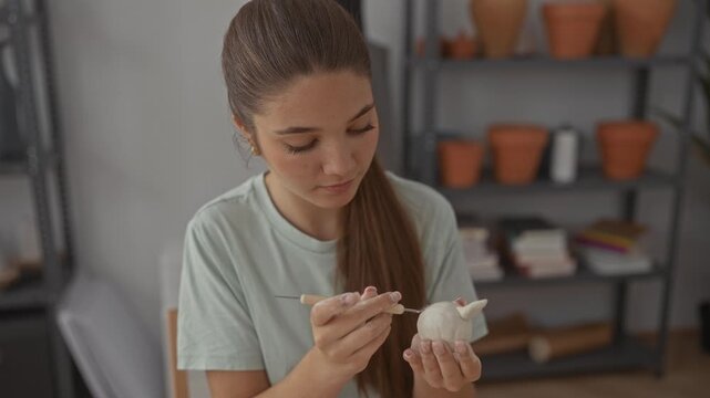Girl carves white clay figurine with carving tool using bare hands in pottery studio; creative passion concentration.