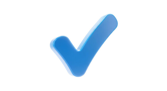 Glossy blue checkmark on black background. 3D rendering of approval