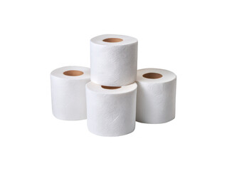 Stack of white toilet paper rolls arranged in a pyramid on a neutral surface for hygiene and household needs