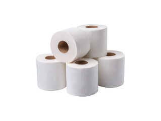 Stack of white toilet paper rolls arranged in a pyramid on a neutral surface for hygiene and household needs