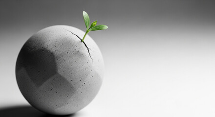 Vibrant Green Sprout Emerges from Cracked Concrete Sphere, Symbolizing Growth and Resilience