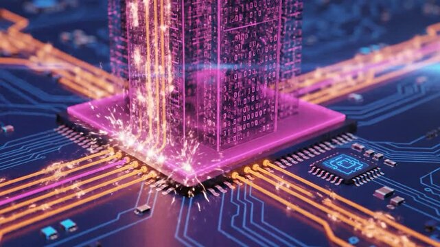 Digital processor data flow on circuit board futuristic technology concept