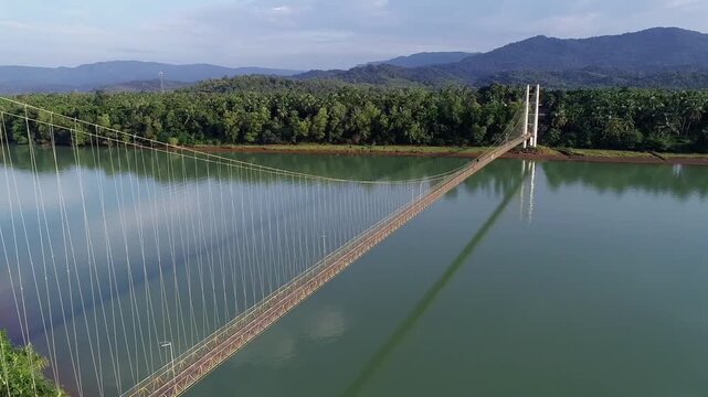 Aerial view of Honnavar hanging bridge over river in Karnataka
