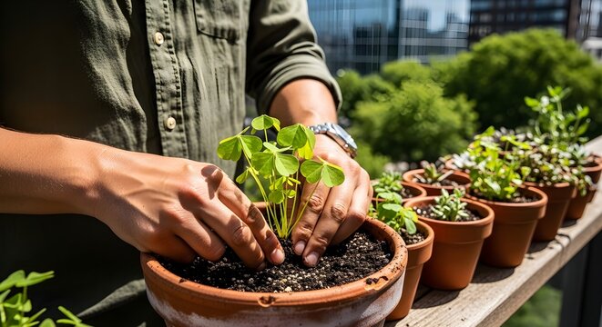 Person planting St. Patrick's Day shamrock in soil on a balcony
