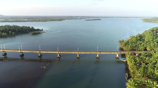 Aerial view of Honnavar hanging bridge over river in Karnataka