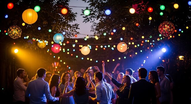 A vibrant party scene with colorful lights and dancing people