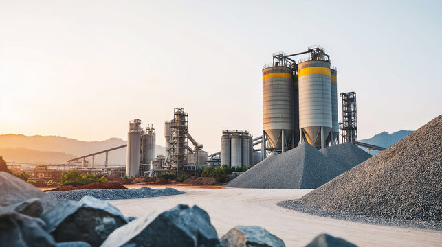 Cement factory infrastructure with storage silos and aggregate heaps processing raw materials against a vibrant sunrise sky