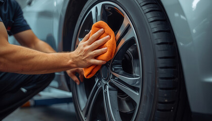 Obraz na płótnie Canvas Close-up of a male mechanic wiping the discs on a car wheel in a workshop with an cloth.
