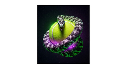 Dynamic Neon Snake Coiled Around Tennis Ball in Starry Cosmic Glow