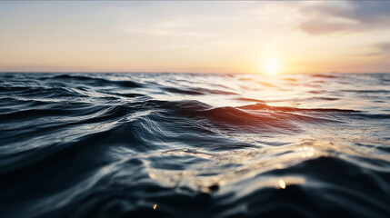 Obraz premium Ocean surface features gentle waves with warm golden reflections from the setting sun, conveying a peaceful and calm travel experience