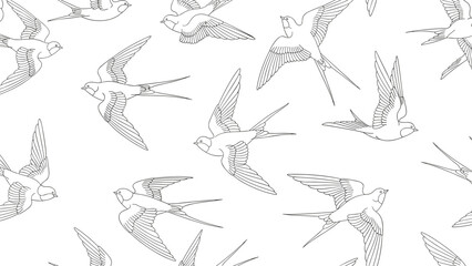 Fototapeta premium Graceful flying swallows seamless pattern in black and white line art style for sophisticated textile and wallpaper designs.