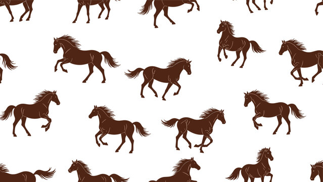 Energetic brown galloping horses seamless pattern on white background for equestrian and western themed textile designs.