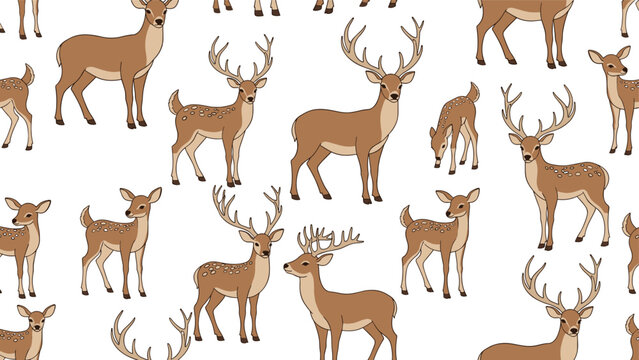 Elegant deer and stag seamless pattern featuring various poses of woodland wildlife on nature themed prints.